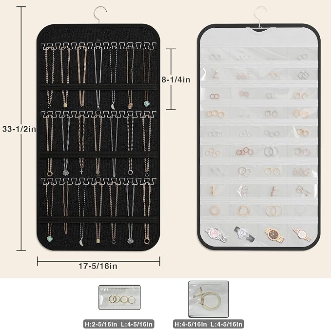 Hanging Jewelry Organizer for Necklaces Earrings, 1-Pack, Black and White | Foldable Double-Sided 36 hooks & 40 clear pockets; swivel hook fits walls, doors & rods for earrings, bracelets, rings