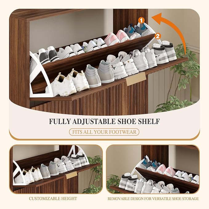 Garvee Shoe Storage Cabinet with 2 Flip Drawers,Slim Fluted Shoe Rack Cabinet with Open Storage,Wooden Hidden Shoe Rack Freestanding Narrow Shoes Organizer for Hallway, Entrance,Foyer,Walnut