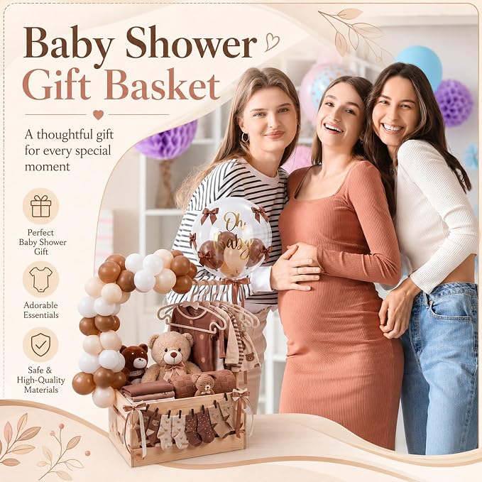 Wooden Baby Shower Crate Closet with Hanger Rack, Brown Bow Baby Gifts Basket with Balloon Accessories, DIY Babies Welcome Box for Pregnancy New Parent