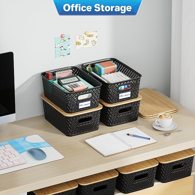 Anysig 8 Packs Plastic Storage Bins with Bamboo Lids - Stackable Storage Bins Decorative Small Basket Containers for Organizing Shelves Office Classroom Desktop Closet, Black