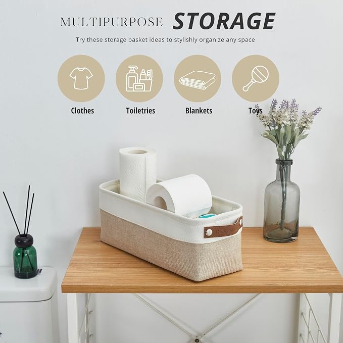 DECOMOMO Narrow Storage Bins Small Baskets for Organizing Bathroom, Toilet Tank, Towel Storage, Entryway, Gifts (Beige and White - Set of 4)
