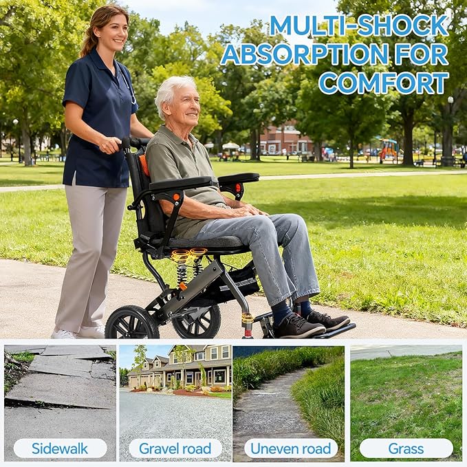 20 LBS Transport Wheelchair Lightweight Foldable,Wheelchairs for Adults, 1s Quick Folding, Quadruple Shock Absorption,Portable Wheelchair for Travel, Hospital & Home Use (Orange)