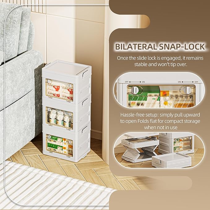16 QT / 4 Gal Foldable Storage Cabinet with Clear Double Doors Organizer, Transparent Front & Back, Pull to Setup, Rolling Storage Bin for Closet/Living Room