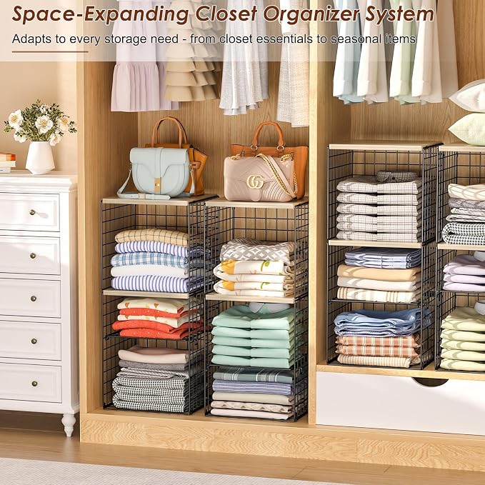 2 Pack Closet Organizer System, Extra Tall & Large Capacity Closet Shelves with Adjustable Dividers, 3-Tier Stackable Storage Bins with Wood Top (Up to 6 Tiers), for Clothes Wardrobe Organization