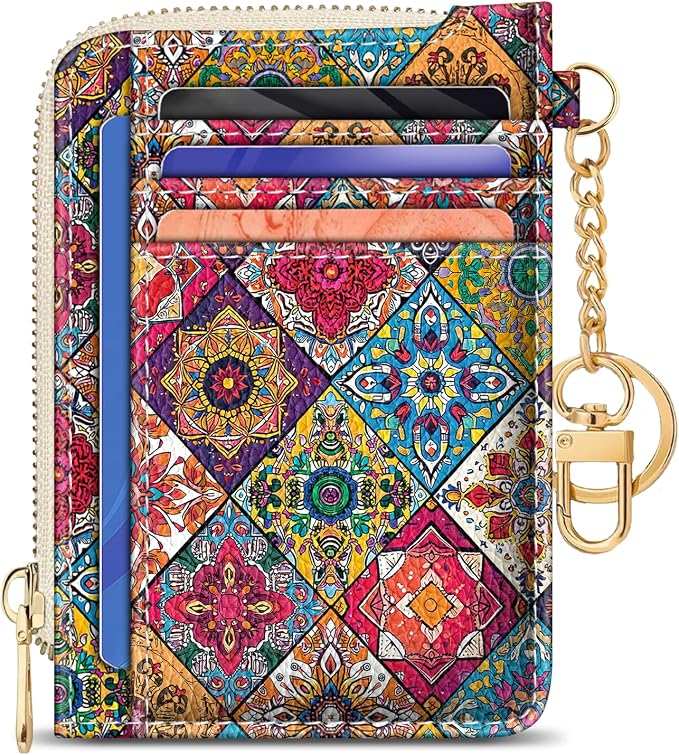 GIANCOMICS Slim Wallet Credit Card Holder Women, Boho Bohemian Mandala Rfid Blocking Small Card Case, Keychain Thin Pocket Curved Zipper Wallet, Travel Card Holder PU Leather, Ladies Female Gifts