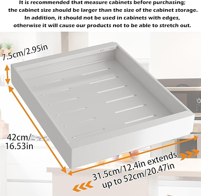 COVAODQ 1 Pack Pull Out Cabinet Organizer Extendable Sliding Slide Out Pantry Shelves Storage No Punch for Kitchen Base Cabinet Organization, Pantry, Bathroom Adjustable Width 12.4" to 20.4"