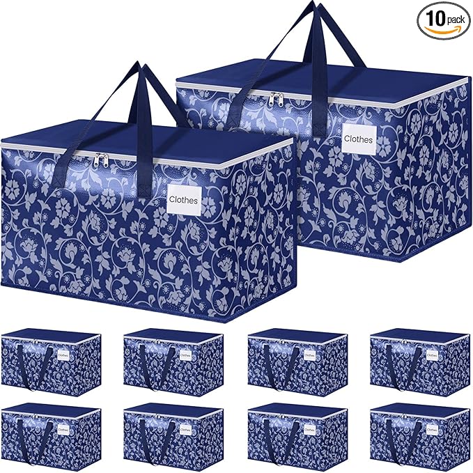 HomeHacks Moving Bags, Extra Large Size Moving Boxes, Heavy Duty Luggage Bags with Smooth Zipper and Sturdy Handles, Large Capacity & Easy Loading Storage Totes for Space Saver 100L, 10-Pack, Blue