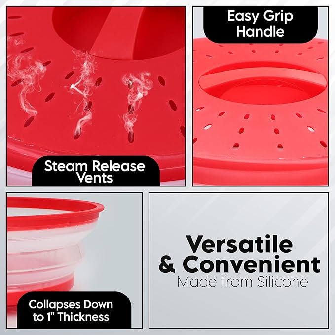 Microwave Cover for Food, Collapsible Microwave Splatter and Plate Covers Easy Grip Lid and Food Strainer, BPA Free and Dishwasher Safe, 10.5", Red - By Rampro