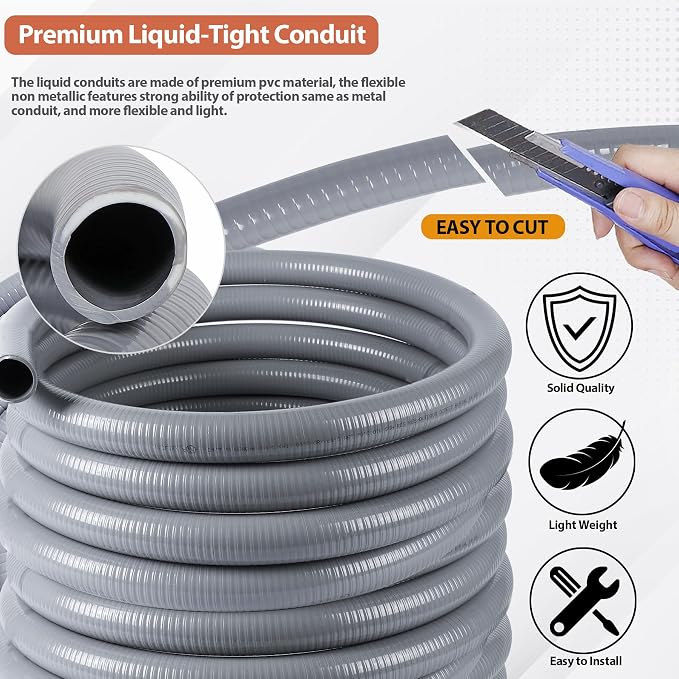 Liquid-Tight Conduit 1-1/2 inch 25ft w/UL Certification | Flexible Electrical Conduit with 5 Straight and 5 90-Degree Conduit Connector Fittings Gray