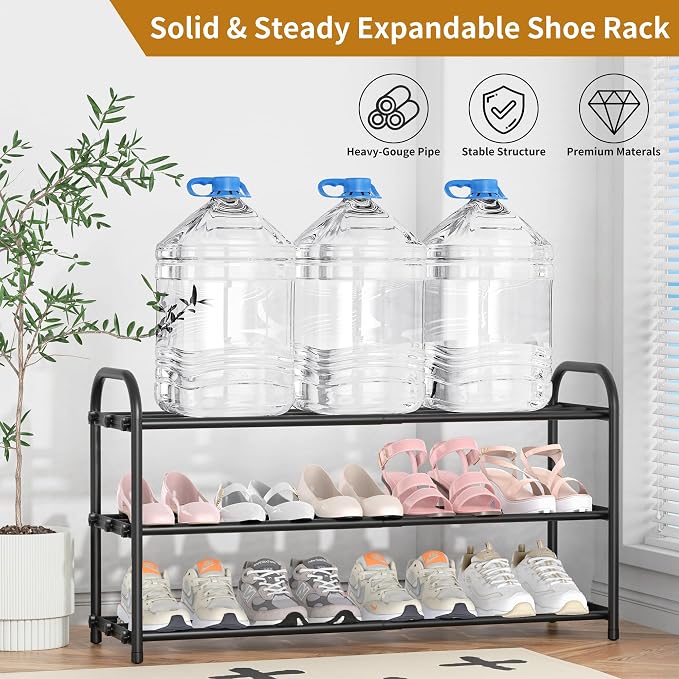 Hleelomi 2-Tier Expandable Shoe Rack for Entryway，Adjustable Metal Shoe Organizer for Closet,Living Room,Dorm,Black