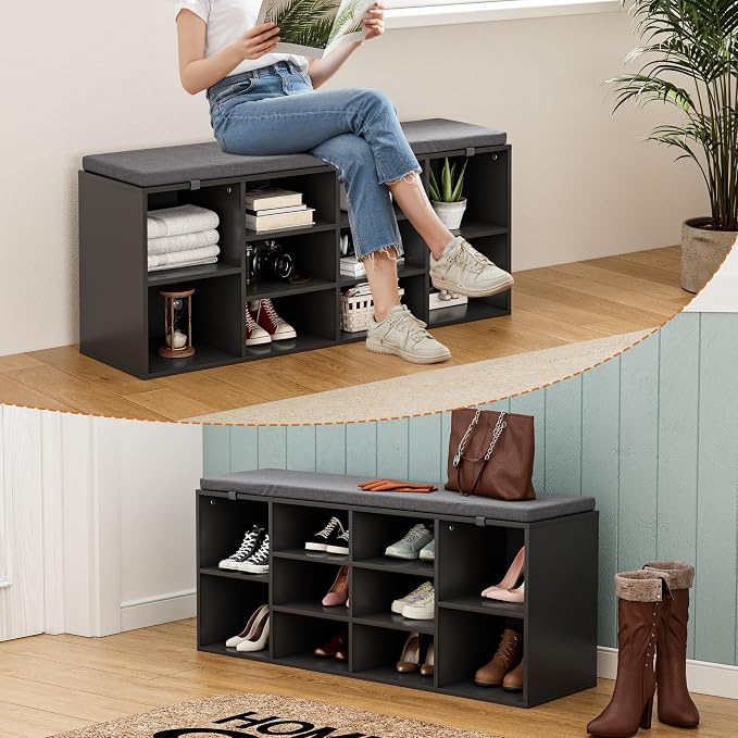 Shoe Bench with Cushion, 10 Cubbies Entryway Storage Bench, Shoe Rack with Adjustable Shelves for Living Room, Bedroom, Entryway, Black
