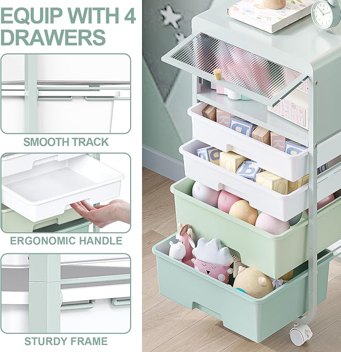 SYKIARIOL 4 Drawers Rolling Storage Drawer Craft Organizers Bookshelf Cart with Dust-Proof Door for Kids Playroom,Bedroom,Home Office, Green