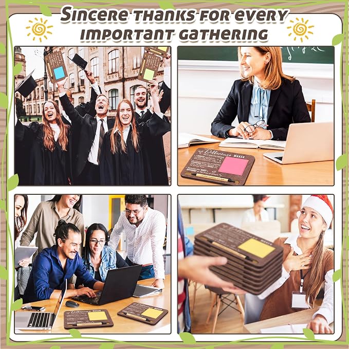 Kosiz 10 Set Brown Difference Maker Appreciation Gifts Wooden Sticky Note Holder with Notes and Ballpoint Pens Inspirational Sticky Notes Sets for Employee Coworker Staff Thank You Appreciation Gifts