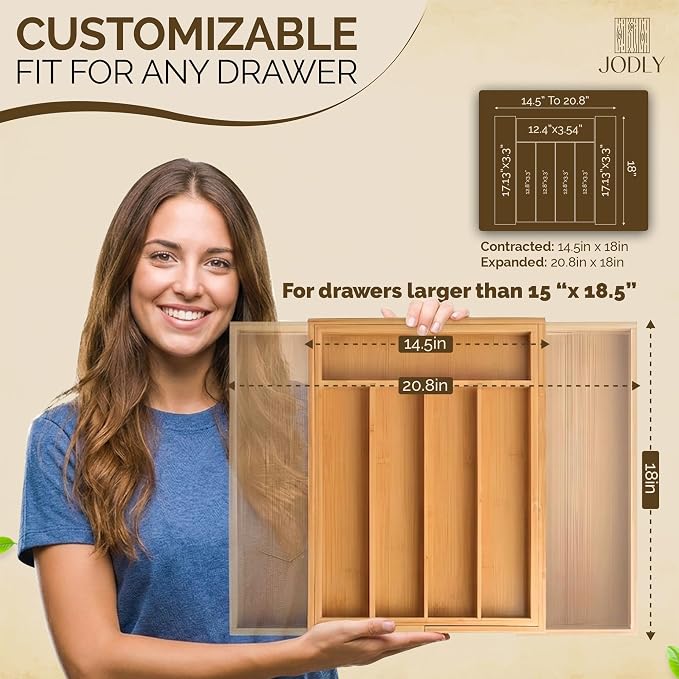 Bamboo Kitchen Utensil Drawer Organizer for Silverware | 100% Natural Expandable 14-20 Inch Kitchen Drawer Organizers for Utensils | Non-Slip Base | Screwed Joints for Long-Lasting Durability