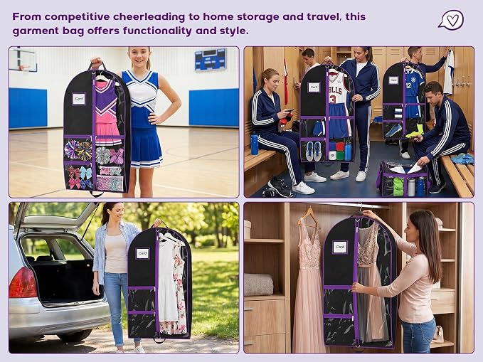 2Pack Dance Garment Bags for Dancers, 40" Garment Bags for Hanging Clothes with 3 Clear Zipper Pockets, Cheer Uniform Garment Bag for Suits, Travel & Sports Jersey, Cheer Uniform (Purple, 2Pack 40")
