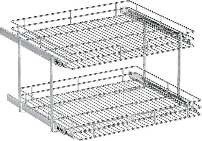 2-Tier Pull Out Cabinet Organizer, 25.5" W x 21.5" D, Heavy Duty Dual Slide Out Shelves for Wide Base Cabinets, Chrome Wire Basket Drawer for Pots, Pans, Pantry & Cleaning Supplies
