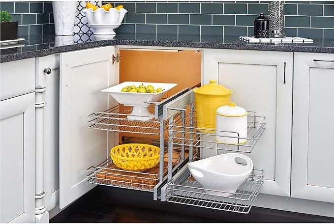 Rev-A-Shelf Chrome Two-Tier Wire Bottom Pullout Organizer with Soft-Close for Blind Corner Base Kitchen Cabinets, Adjustable 4-Basket Storage System, Min Opening Width of 18", 5PSP-18SC-CR