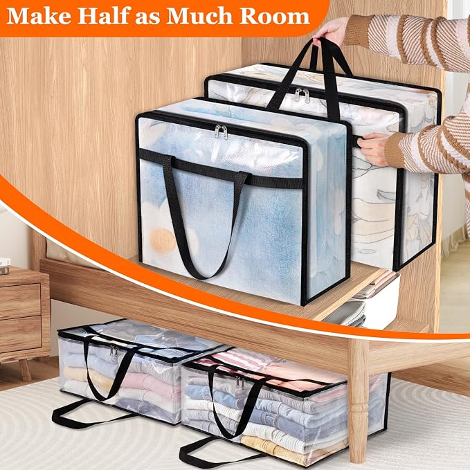 TasticTotes 8 Pack Clear Storage Bags for Comforter, Clothes & Bedding, 90L | Plastic Blanket Storage with Zipper & Handle, Foldable Moving Bags, Closet Organizer and Under-Bed Storage Containers