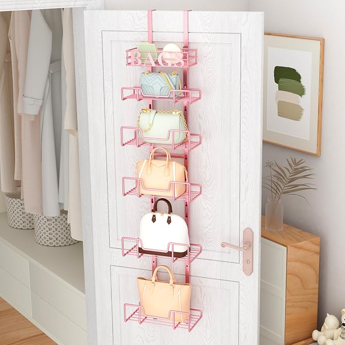 HapiRm Over Door Purse Organizer - Adjustable Purse Storage Rack with Bags Design Metal Basket, Wall Mounted Handbag Organizer, Hanging Handbag Holder, Can Use As 1/2 Part Detachable