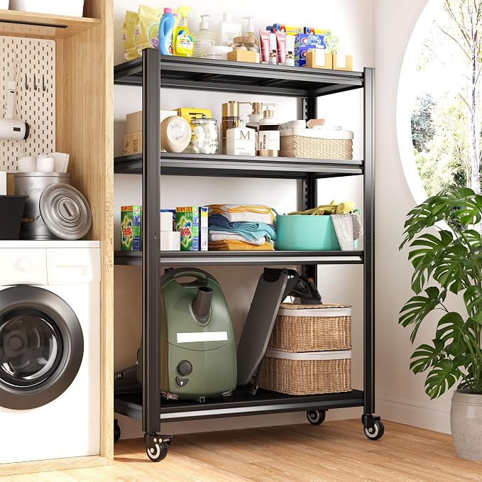 REIBII Rolling Storage Shelves Adjustable Shelf for Kitchen Office | 2080 LBS capacity,59.8" H x 31.5" W x 16.5" D,4 Tier,Black,Solid metal panels，360°wheels with lock,Boltless 10min assembly