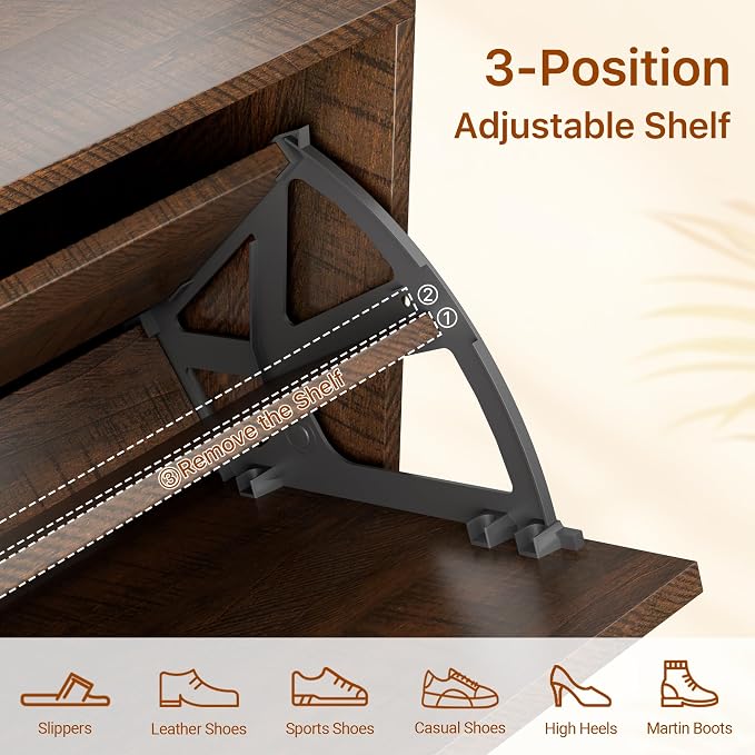 Farmhouse Shoe Cabinet Storage for Entryway, Slim Hidden Shoe Rack Cabinet | 1, 2 Flip Drawers with Dividers 2, Stylish Round Panel 3, Sturdy Metal Leg 4, Anti-Tip Safety Kit 5, Shoe Organizer Cabinet