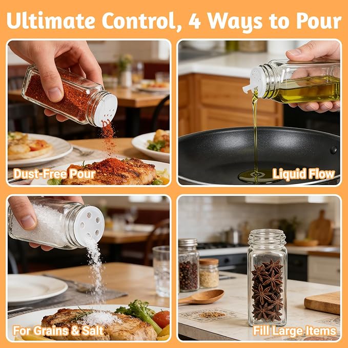 24 Pack Glass Spice Jars with Labels, 4oz Spice Containers with Sliver Lids | Includes 249 Labels, Metal Funnel, Extra Shaker Lids & Stirring Stick for Kitchen Seasoning Organization
