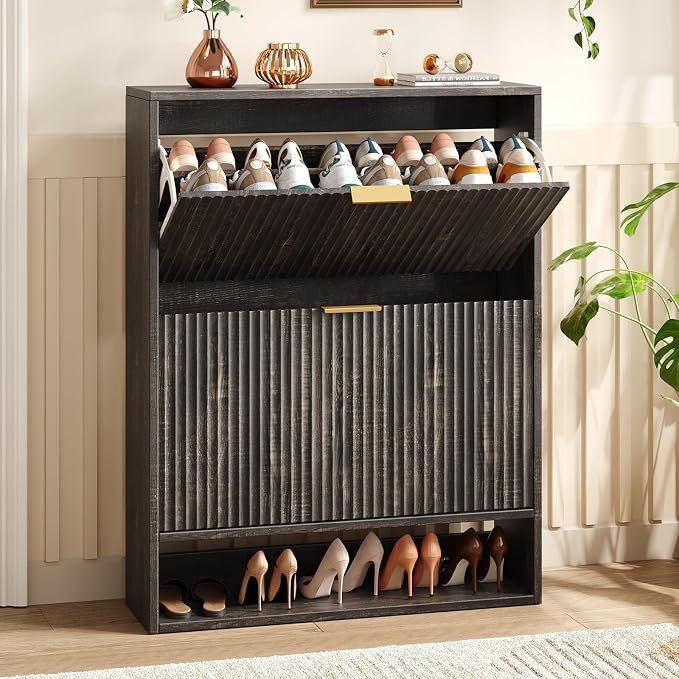 Hootata 31.5''W Black Shoe Storage Cabinet for Entryway with 2 Flip Drawers, Fluted Slim Shoe Cabinet, Free Standing Wooden Shoes Organizer for Foyer, Hallway