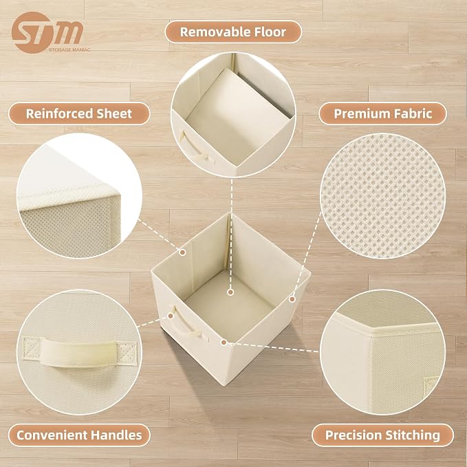 STORAGE MANIAC Storage Cubes, 11 Inch Collapsible Storage Bins with Handles, 4 Pack Fabric Foldable Bins for Organization, Durable Storage Bins for Closet, Shelves, Offices, 4-Pack Beige