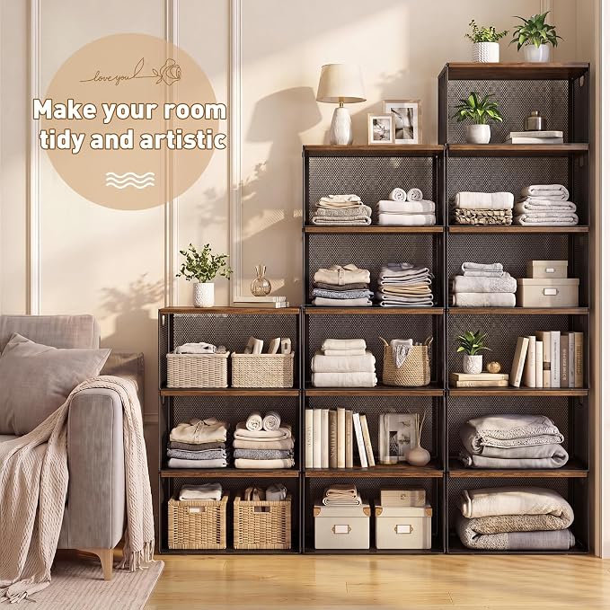 AceOrbit 3 Pcs Widened Stackable Closet Organizers and Storage with Wood Foldable Top Metal Cube Closet Shelf DIY Space Saving Linen Cloth Shoe Bed Sheet Bin for Wardrobe Bedroom(15.6"x12"x8.7", deep)