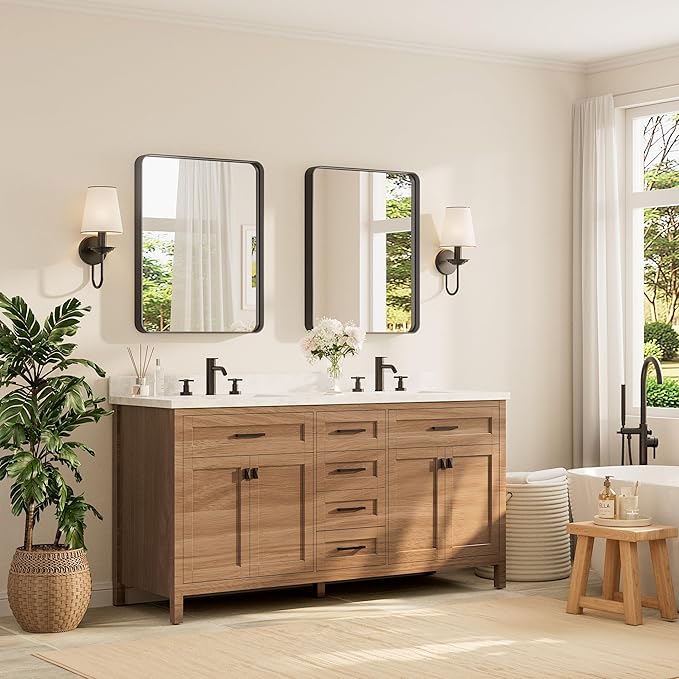 TETOTE Black Framed Bathroom Mirror, 24 x 30 Inch Matte Metal Frame Vanity Mirror, Modern Farmhouse Wall Mounted Rectangle Mirror (Horizontal/Vertical)