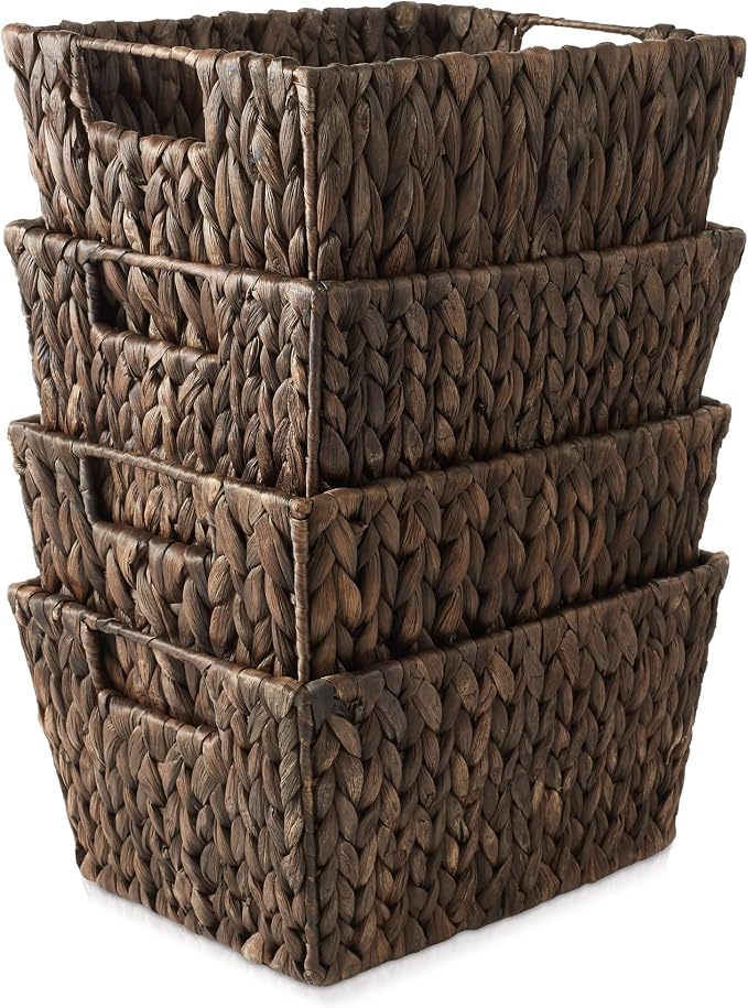Casafield Set of 4 Water Hyacinth Storage Baskets with Handles - Espresso Brown, Woven Storage Bins for Shelves, Blankets, Laundry Organization