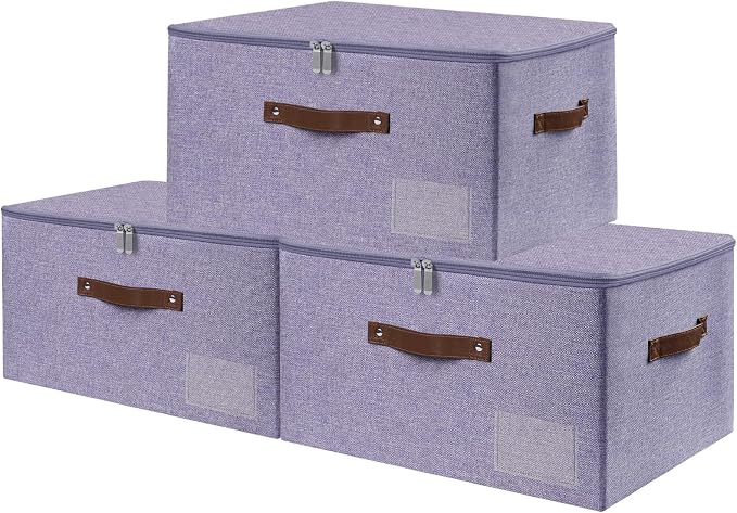 ANMINY Fabric Storage Box Bins with Zipper Lid, Washable Purple, 3PCS | Cotton Linen Fabric, PP Board Frame, Label Holder, Stackable & Foldable, PU Handles, Dual-Zipper 3-Side Open Lid, Large
