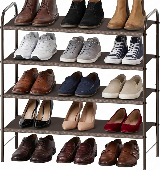 Simple Houseware 4-Tier Shoe Rack Storage Organizer, 12-20 Pair, Bronze | Space-Saving Shoe Shelf with Sturdy Metal Frame and Non-Woven Fabric Shelves for Entryway, Garage & Corridor