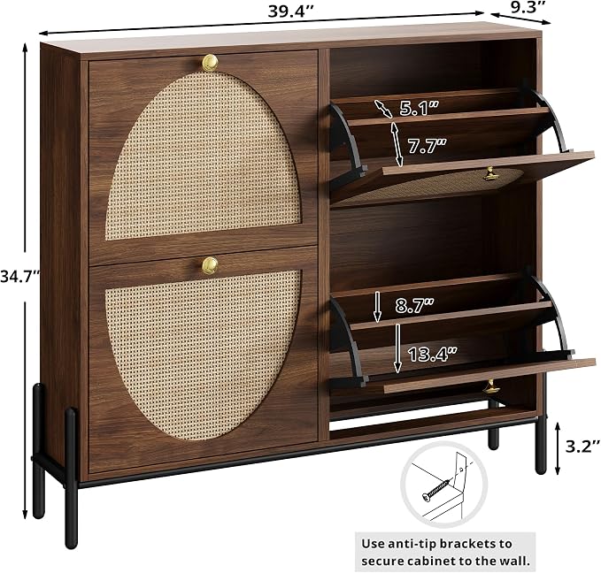 IRONCK Rattan Shoe Cabinet Storage with 4 Flip Drawers, Freestanding Shoe Storage Organizer Cabinet for Entryway, Narrow Shoe Rack Cabinet, Walnut
