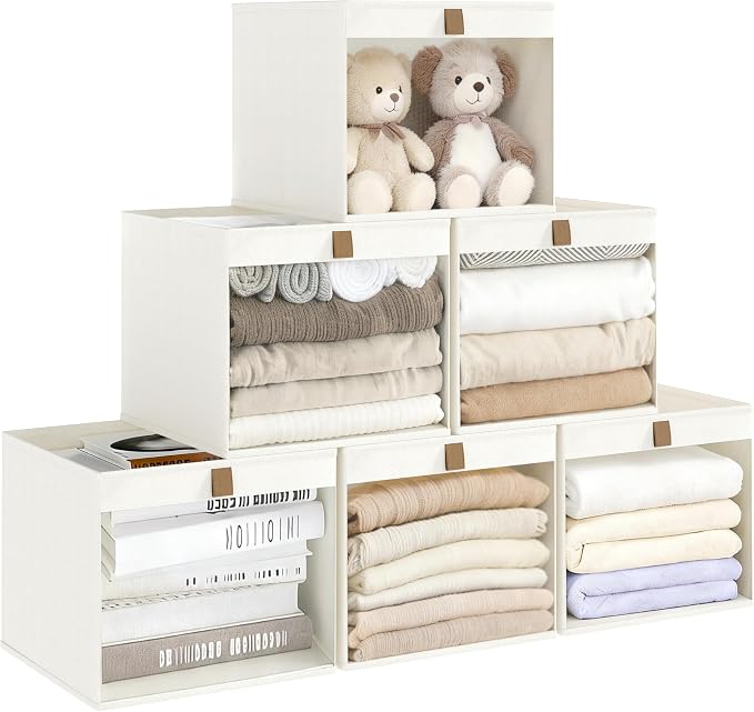 Linen Closet Organizers and Storage, Closet Storage Bins Basket Organizer, Foldable Organization Baskets with Mesh Window for Clothes Towels and Toys, 11" x 11" x 11", Beige, 6 pack