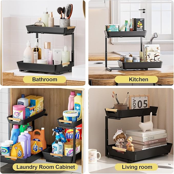 2 Pack Under Sink Organizer,2 Tier Pull Out Adjustable Height Under Cabinet Storage,Under Sink Storage for Kitchen Bathroom Cabinet