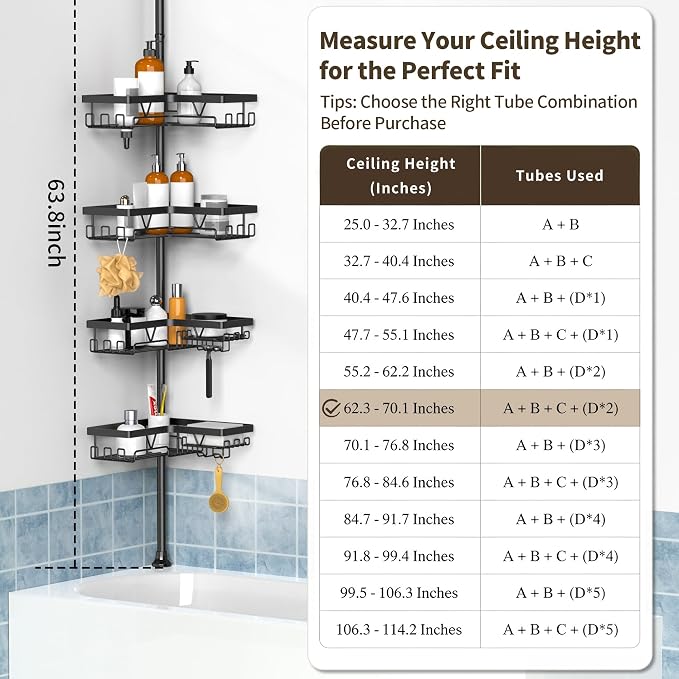 KEGII Corner Shower Caddy Tension Pole - Shower Tension Rod Organizer, Floor to Ceiling Shower Caddy 25-114.2 inch, Towel Rack Corner Waterproof, Black