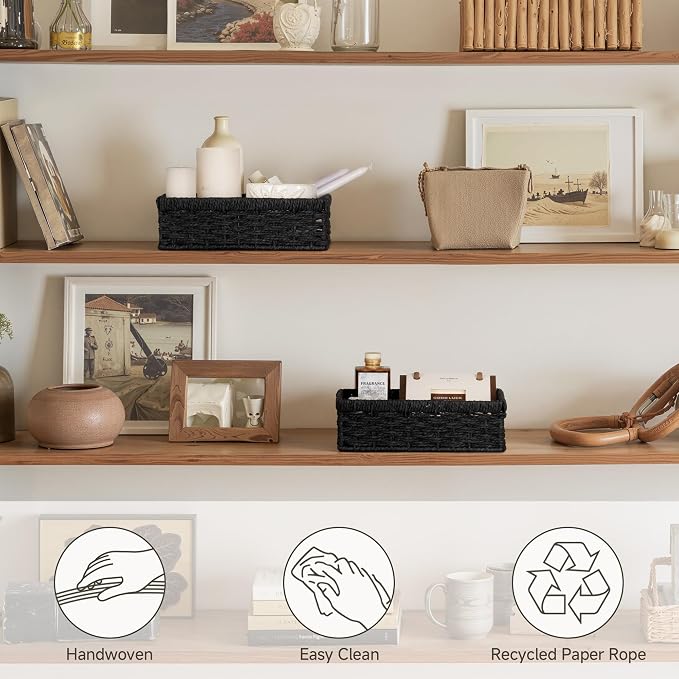 StorageWorks Paper Rope Storage Baskets, Small Wicker Basket for Organizing, Pantry Organizers and Storage, Black, 2-Pack