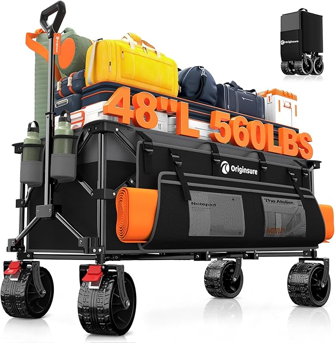 Originsure 48" L Collapsible Wagon Cart Foldable, 560lbs Weight Capacity 300L Heavy Duty Folding Beach Wagons with Big All-Terrain Wheels, Utility Carts for Groceries, Camping, Sports - Grey&Black