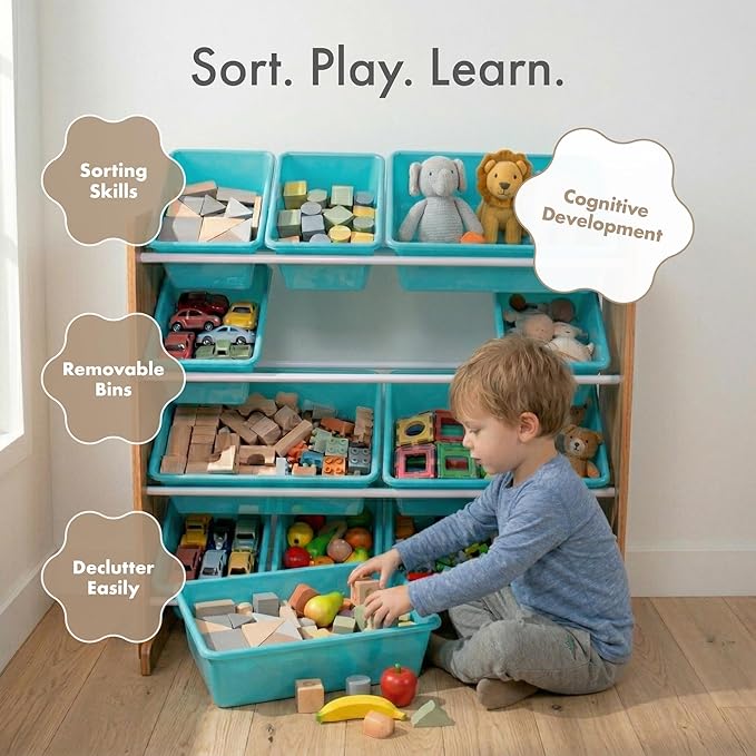 Humble Crew Toy Storage Organizer with 12 Removable Storage Bins for Kids Playroom, 4-Tier Toddler Toy Organization and Storage, Natural Wood/Aqua