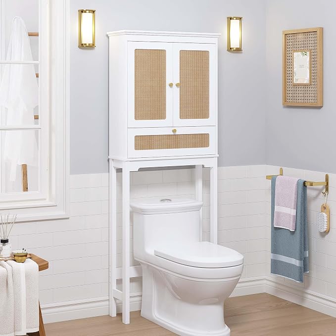 Spirich Over the Toilet Storage Cabinet with Hand-Woven Rattan Doors, White | Tilt-Out Storage Cube, Adjustable Shelf, 33-Inch Toilet Clearance, Anti-Tip Bracket, Bathroom Organizer for Toiletries