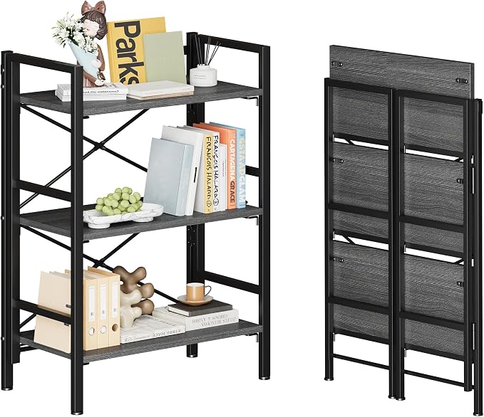 Homeiju Folding Bookshelf No Assembly, 3 Tier Bookcase Foldable Shelf with X-Bracket Design, Adjustable Feet, Space Saving Storage for Living Room, Office