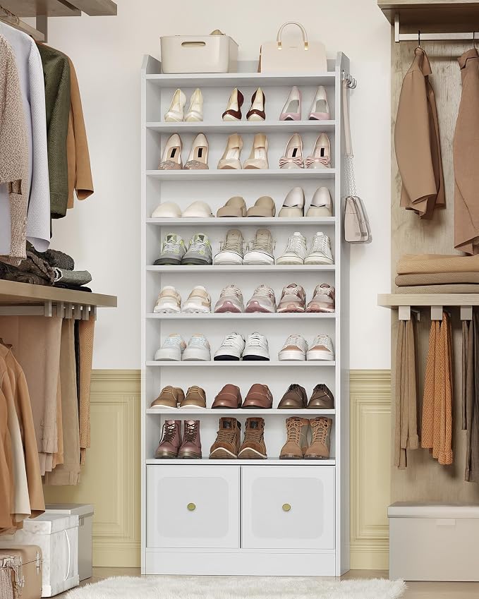 Hzuaneri Shoe Storage Cabinet, 10 Tiers Shoe Cabinet with 2 Cloth Drawers, Wooden Freestanding Shoes Organizer with 2 Hooks, 30-35 Pairs, Shoes Cubby Organizer for Entryway, White SR56303MI