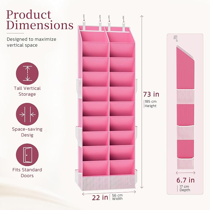 Criusia Over the Door Shoe Organizer, 20-30 Pairs Heavy-Duty Hanging Shoe Storage with Large Pockets, 10-Tier Door Shoe Rack with 4 Hooks for Sneakers Sandals Heels Boots (Pink)