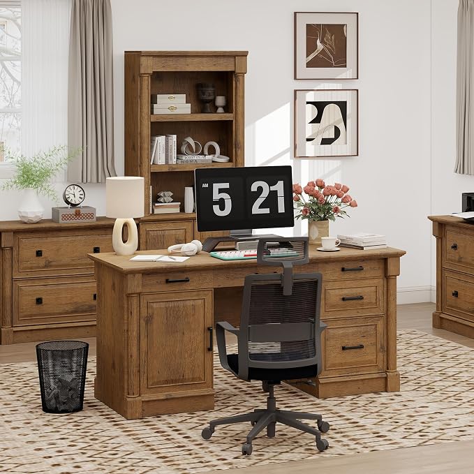 blini Large Farmhouse Executive Desk with Drawers，Wood Computer Desk，Embossed Texture Home Office Desk with File Cabinet Storage, Cable Management, Keyboard Tray，Working Table for Work Study Writing