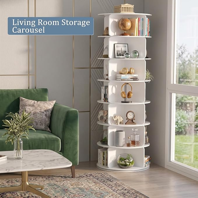 Cushore 7 Tier Rotating Shoe Rack Tower, 360° Spinning Shoe Display Lazy Susan, Tall Revolving Shoe Storage Round Carousel, White
