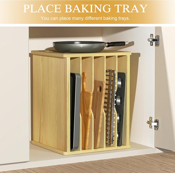 6 Tier Wooden Tray Dividers for Cabinets, Cookie Sheet Organizer for Cabinet, Vertical Tray Dividers for Storing pans, Baking trays, Cutting Board