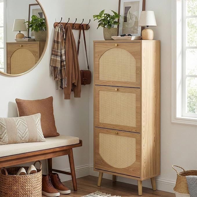 Karl home Natural Wood Rattan Shoe Cabinet, Entryway Storage Organizer | Hidden Shoe Rack with 3 Tilt-Out Compartments for Heels, Slippers and Casual Shoes, Space Saving Entryway Furniture