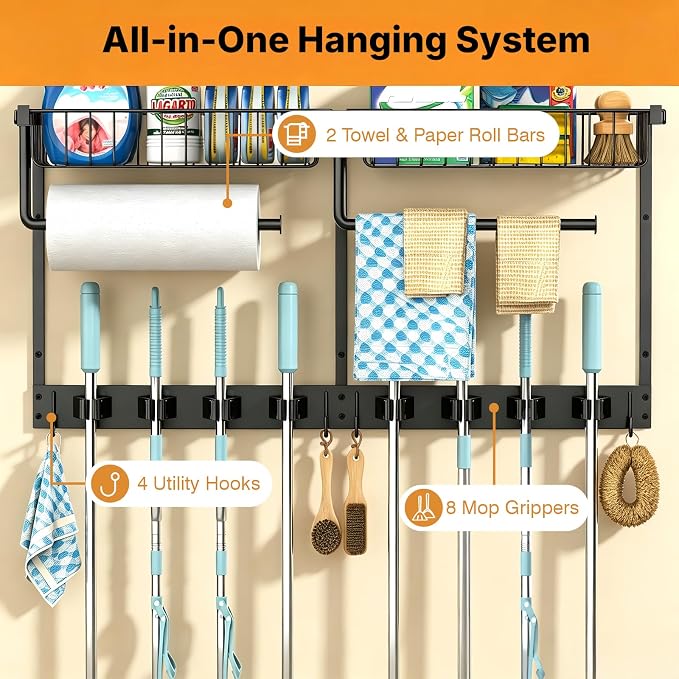 Broom Holder Wall Mount, Broom and Mop Organizer Wall Hanging with Paper Towel Holder & Removable Anti-fall Basket, Wall Mount Cleaning Supplies Organizer for Laundry Room, Apartment, Utility Room