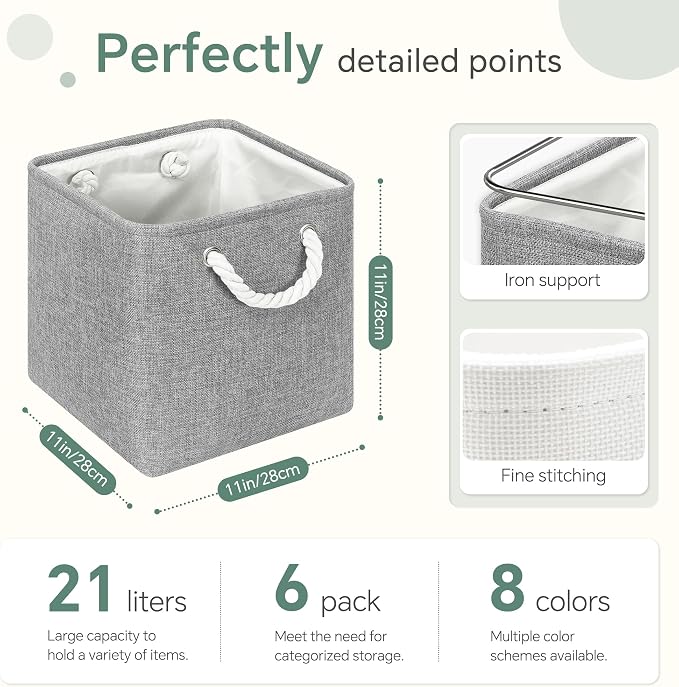 FinishingBo Large 11x11 Inch Cube Storage Bins with Cotton Handles for Closet, Shelves, Clothes, Towel (Gray-6 Pack)